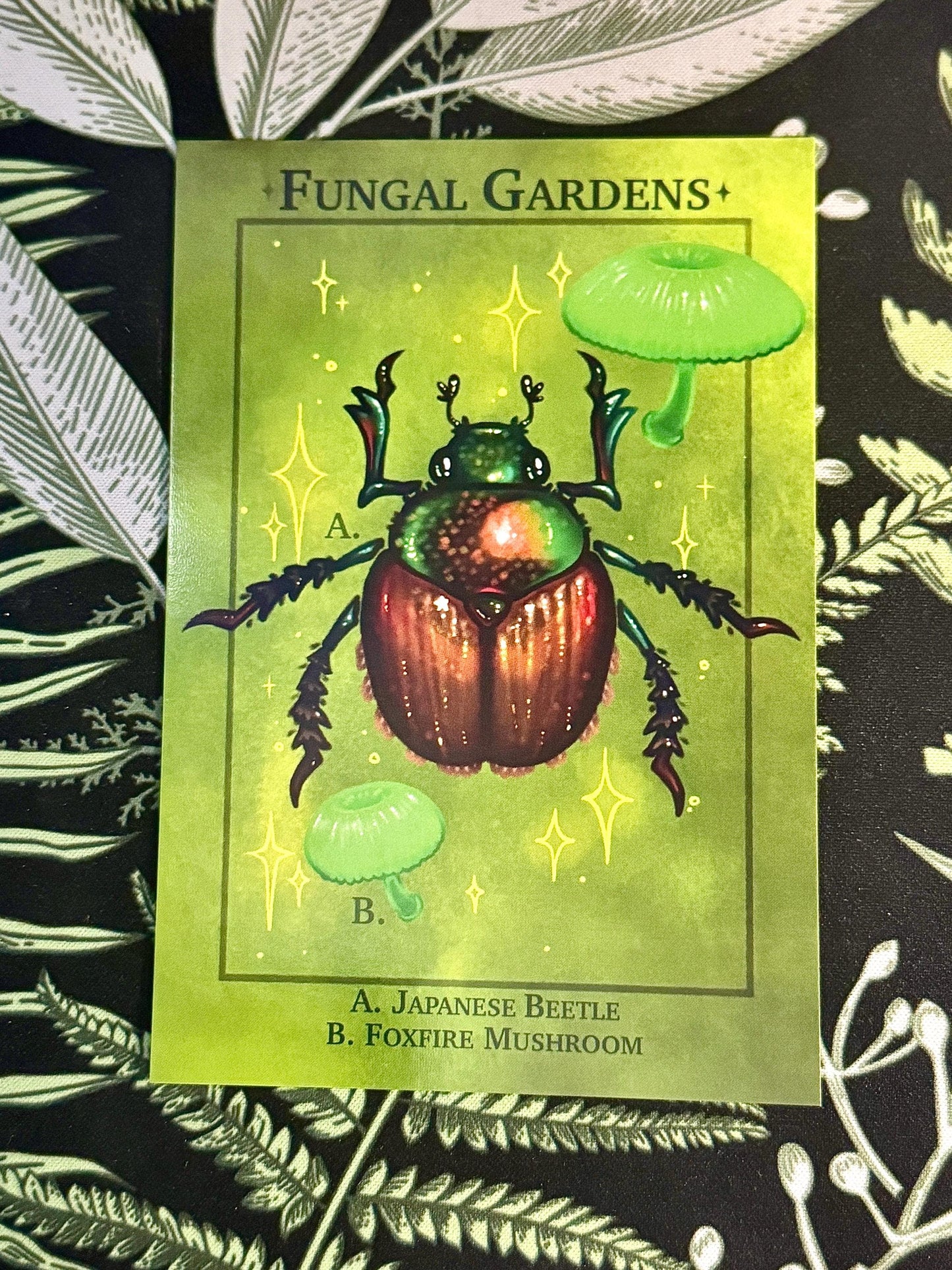 Mushroom Art Print - Fungal Gardens - Fox Fire and Japanese Beetle