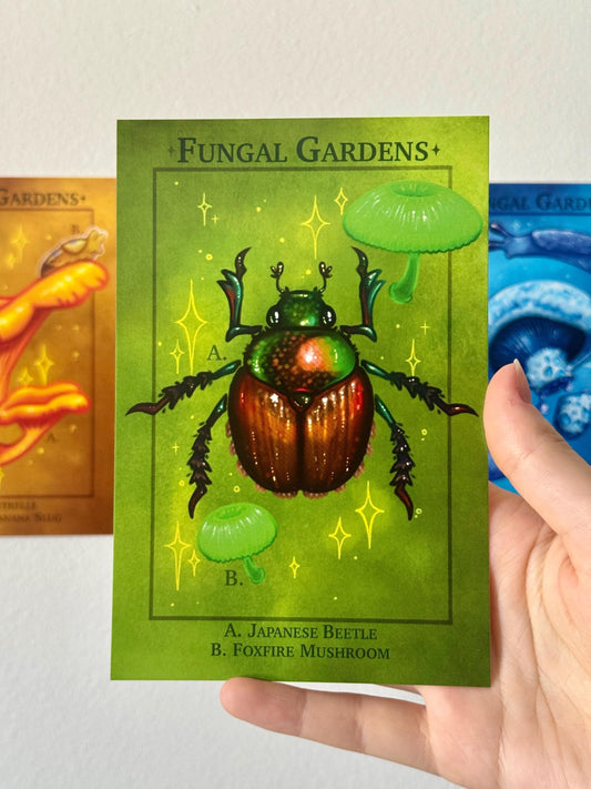Mushroom Art Print - Fungal Gardens - Fox Fire and Japanese Beetle